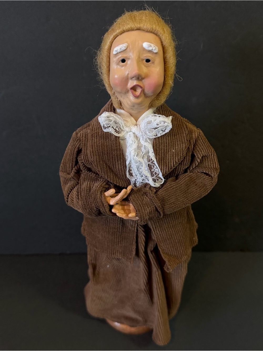 Byers-Like Grandmother Caroler Christmas Brown Corduroy Suit Dress Lace Bow Tie